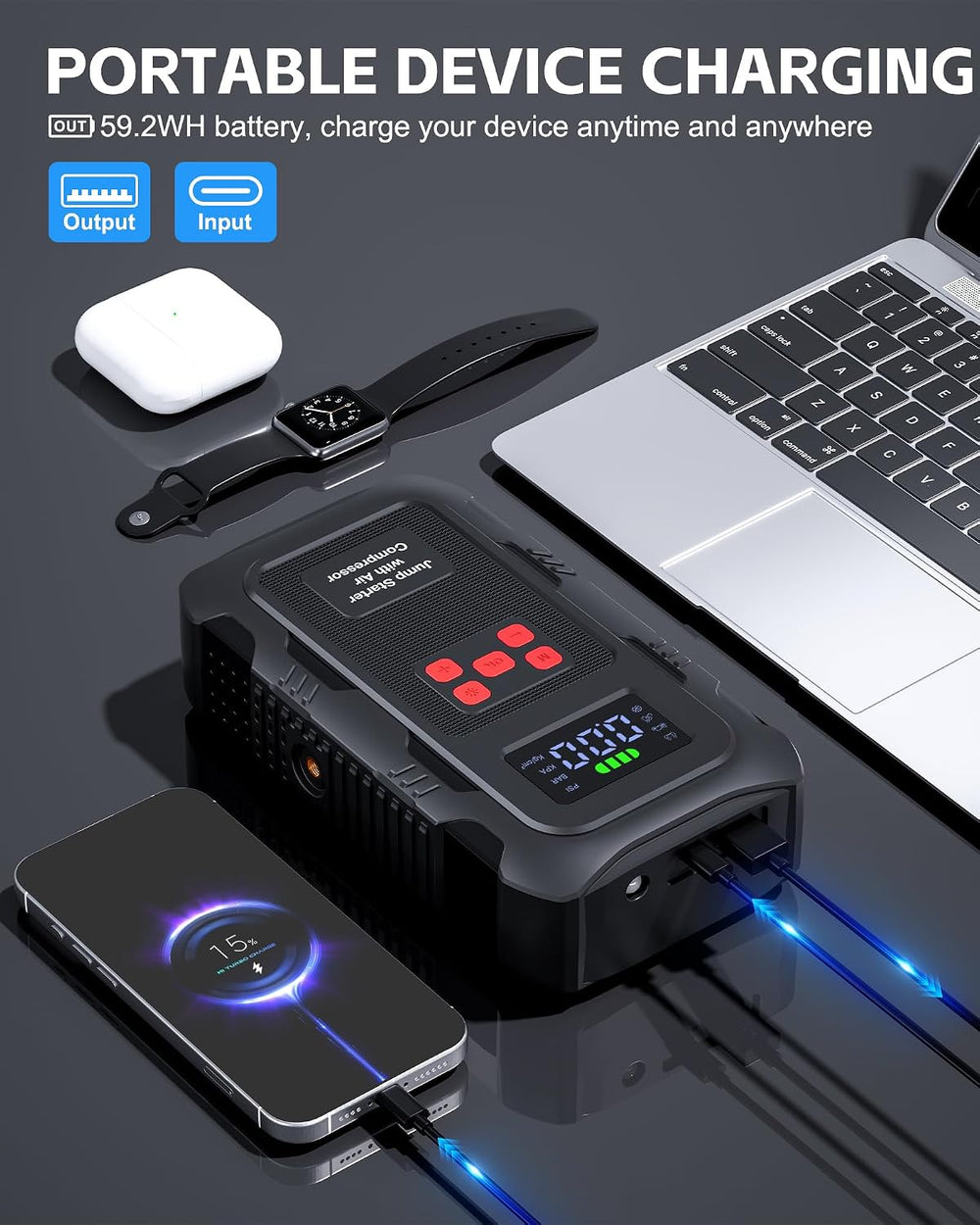 5000A Jump Starter with Air Compressor, Portable Car Battery Jump Starter wit...