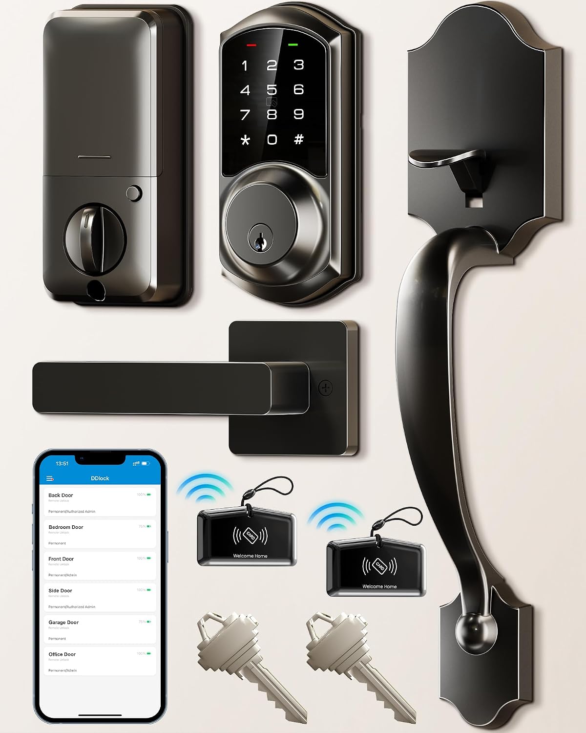 Veise VE06-H Smart Front Door Lock Handle Set, App Control, Matte Black