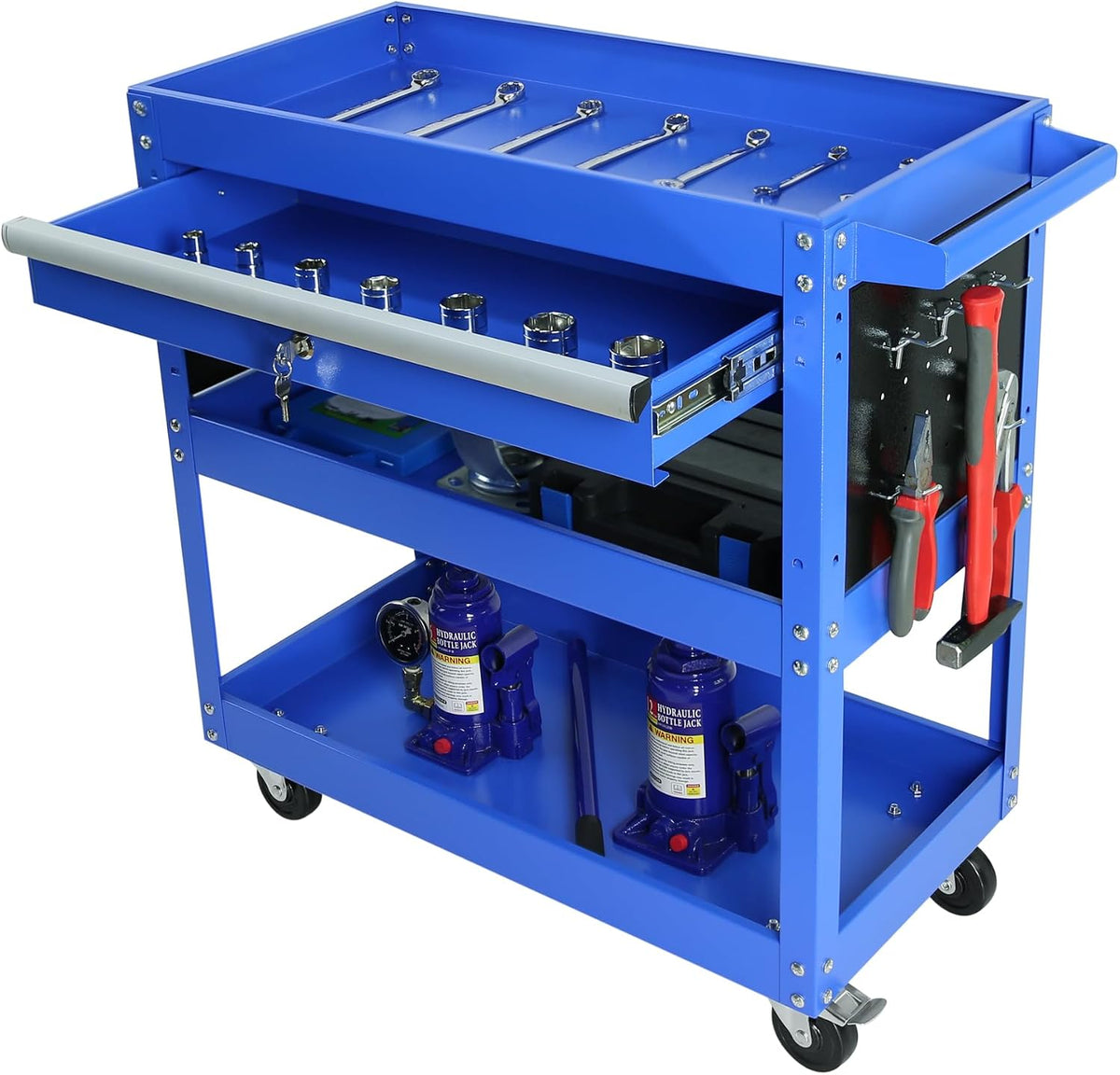 Tool Chest with Wheels, 3-Tier Rolling Tool Box with 1 Drawer & Hooks, Heavy Duty Utility Industrial Service Cart with Locking System Drawer for Garage, Warehouse & Repair Shop,Blue