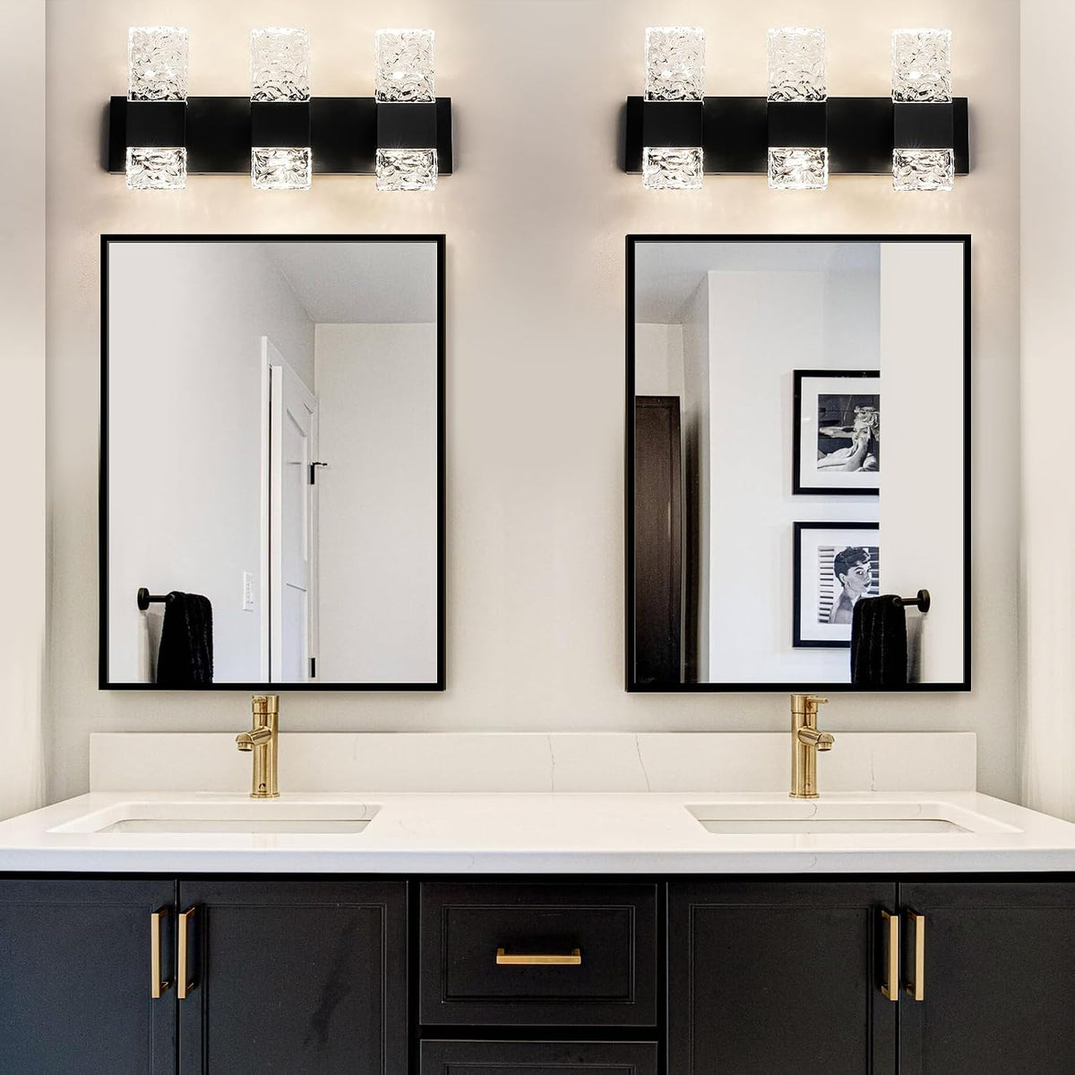 Epinl 3-Light Modern Bathroom Light Fixtures, 30W Black LED Vanity Lights Over Mirror with Water Ripple Glass Shade, Crystal Wall Sconces 4000K Dimmable Vanity Lighting for Bathroom
