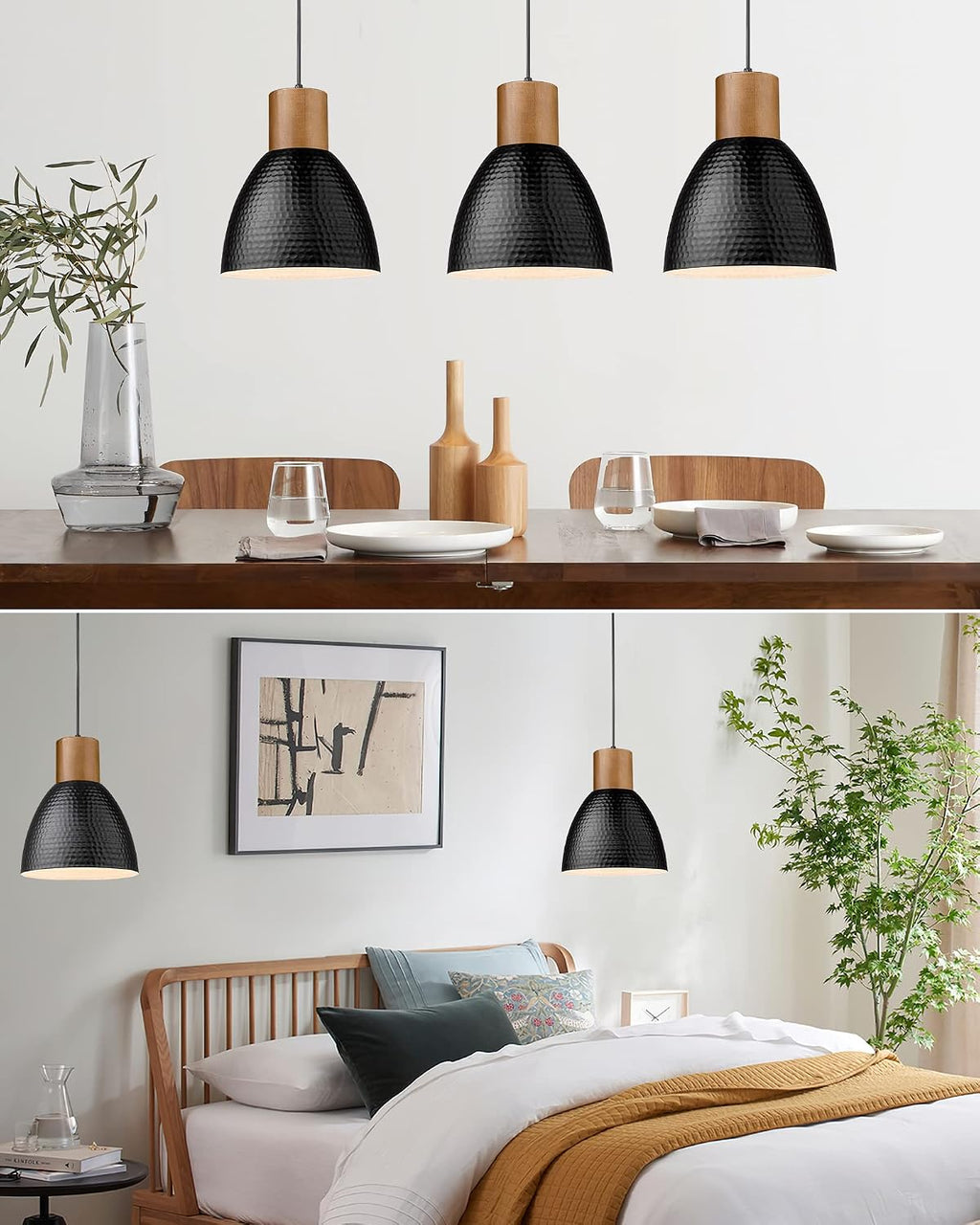 ELYONA 2 Pack Hammered Pendant Lights, 10.2” Industrial Metal Solid Wood Hanging Lamp, Modern Island Pendant Light Fixtures for Kitchen Bar, Farmhouse Dining Room, Bedroom, Living Room, Office, Black