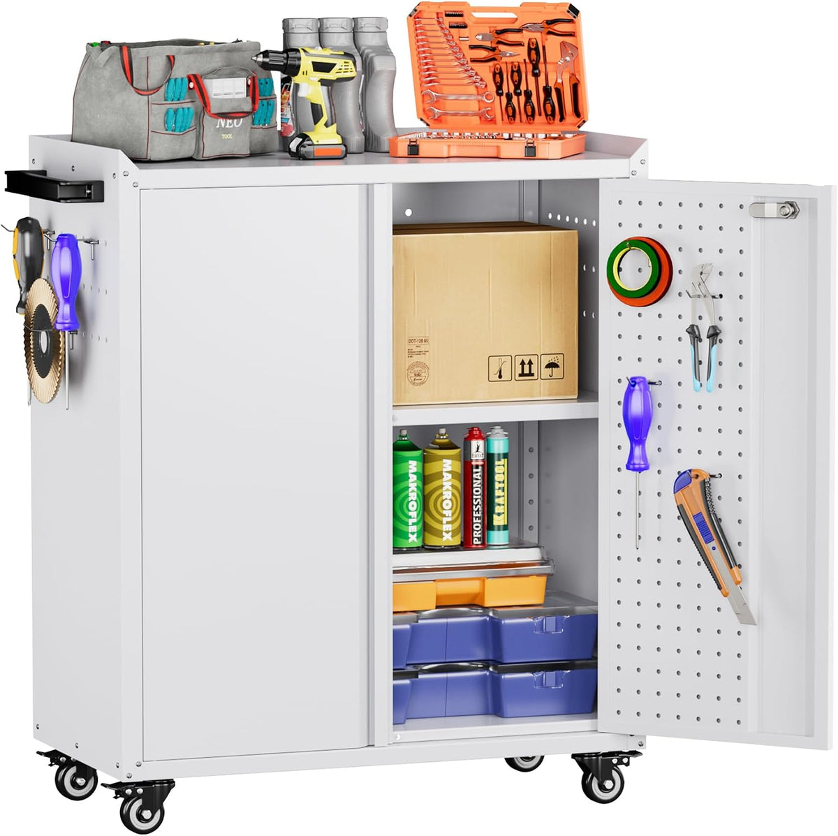 Aobabo 31.5" H Metal Rolling Storage Cabinet, Locking Steel Storage Cabinet on Wheels with Pegboards and 4 Hooks, for Office, School, Home, Library, White, Assembly Required