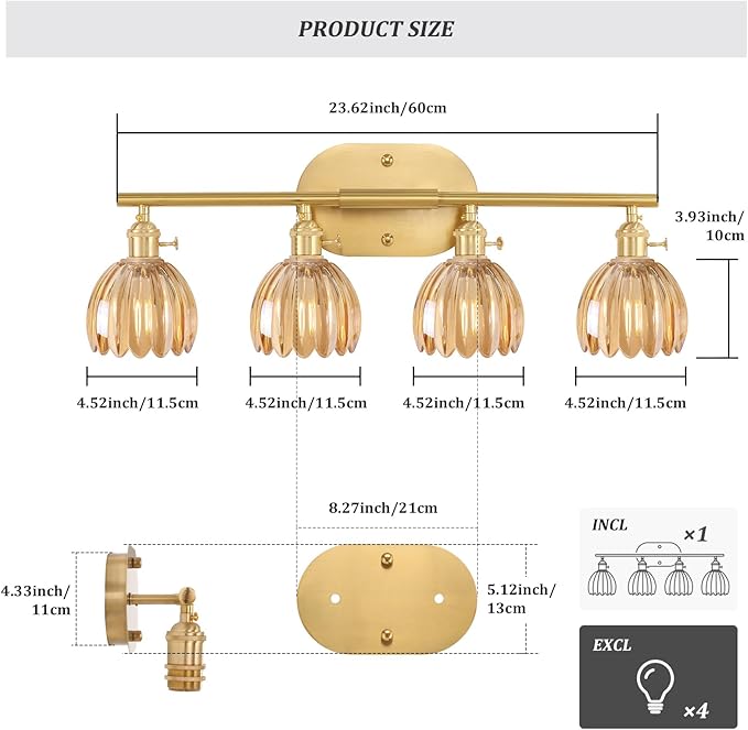 Shenmoyl Bathroom Light Fixtures, 4-Light Brass Vanity Wall Light Over Mirror