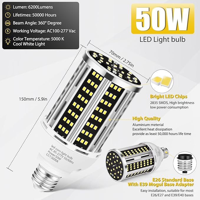 50W LED Corn Light Bulb, 5000K Commercial Grade Daylight E26/E39 6500LM Medium (6 pack)