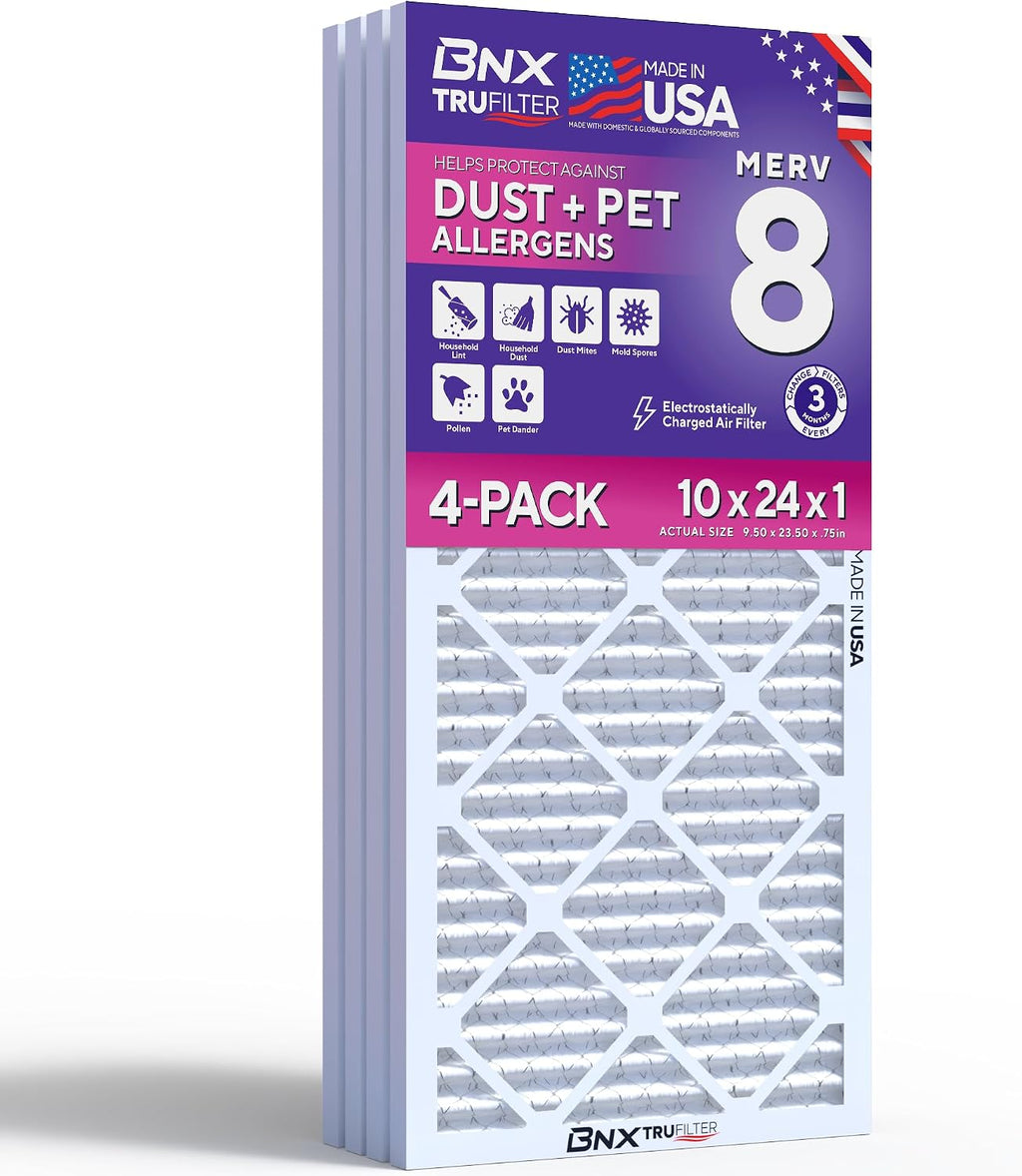 BNX TruFilter 10x24x1 Air Filter MERV 8 (4-Pack) - MADE IN USA – Dust & Pet Defense Electrostatic Pleated Air Conditioner HVAC AC Furnace Filters for Dust, Pet, Mold, Pollen MPR 600 – 700 & FPR 5