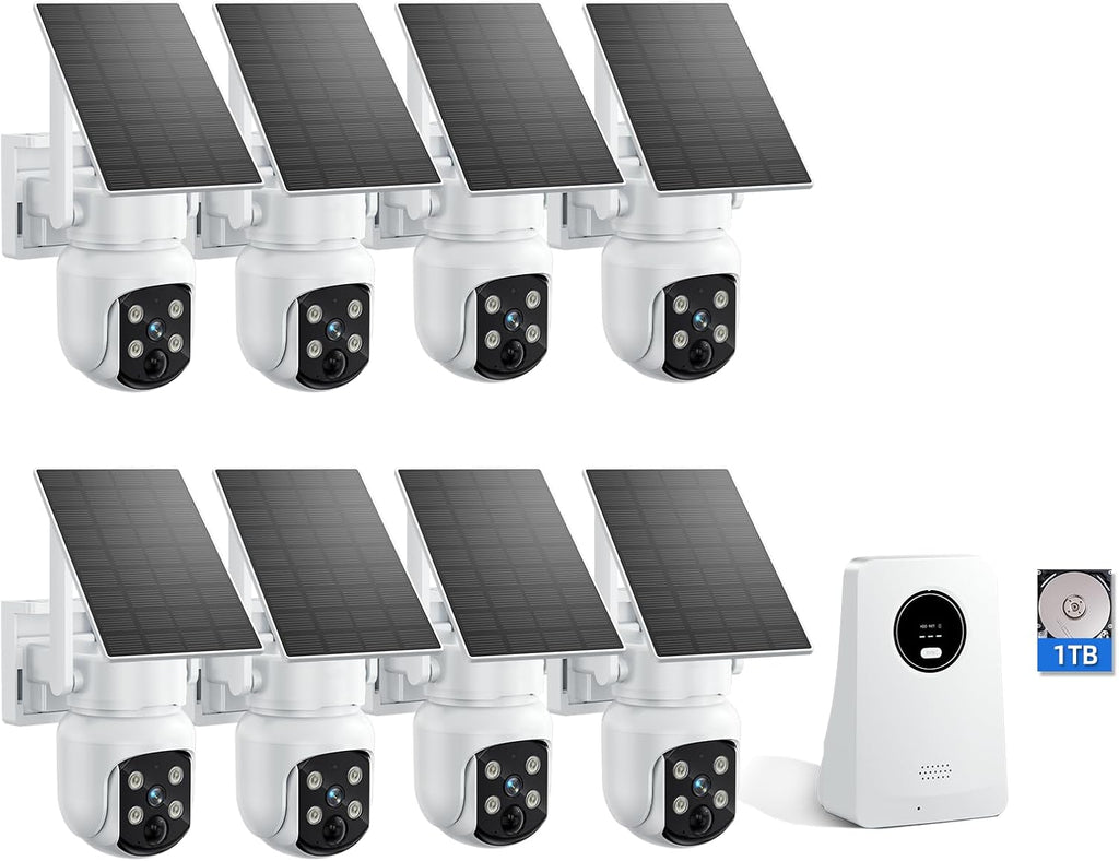 4MP Solar 8-Cam Kit, Security Cameras Outdoor Wireless, 1TB HDD，Color Night Vision, 360° PTZ, No Monthly Fees