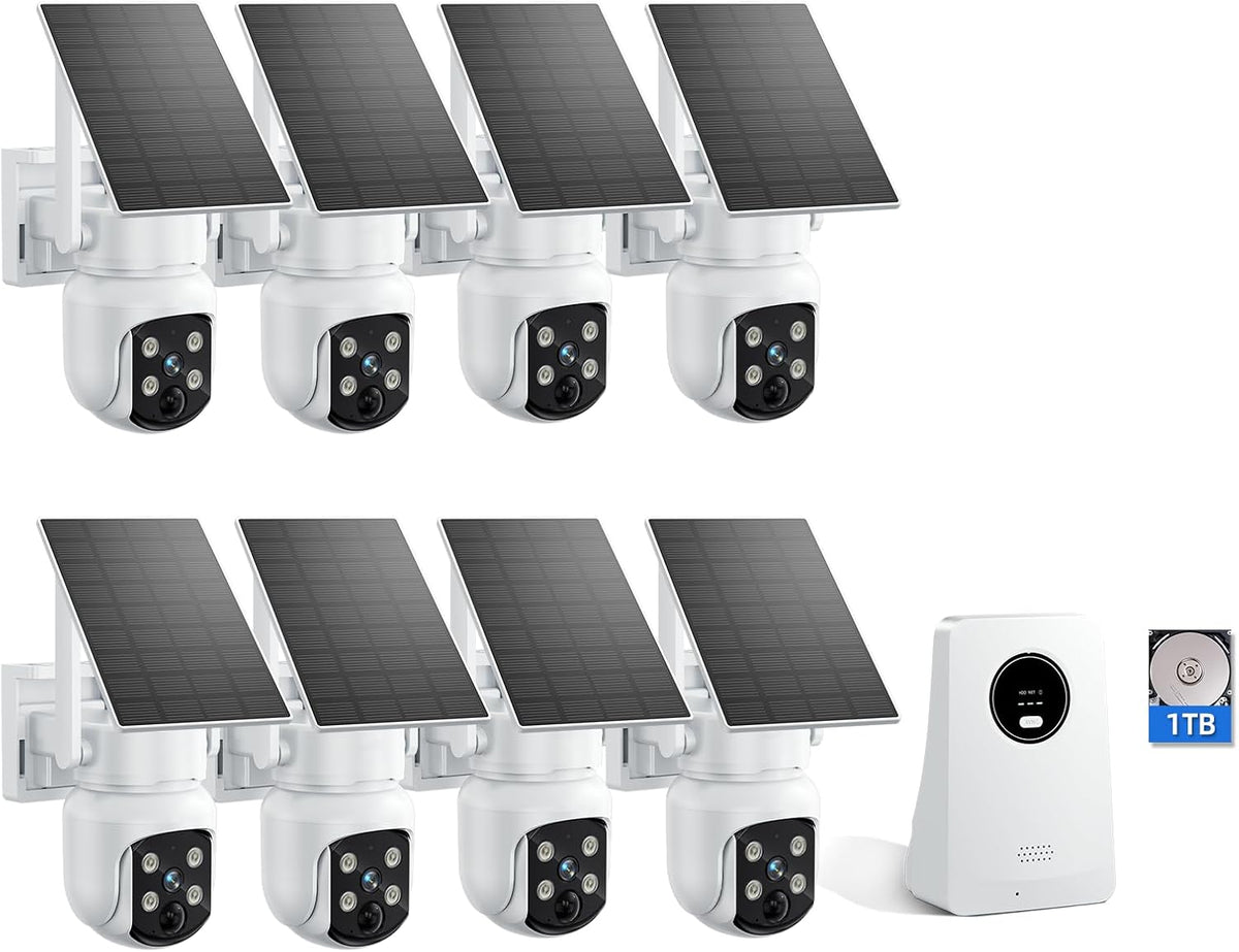 4MP Solar 8-Cam Kit, Security Cameras Outdoor Wireless, 1TB HDD，Color Night Vision, 360° PTZ, No Monthly Fees