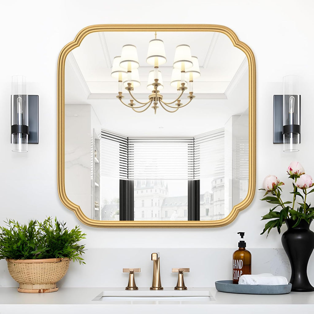 Gold Bathroom Mirror for Wall 24" x 24" Modern Rounded Corner Square Mirror