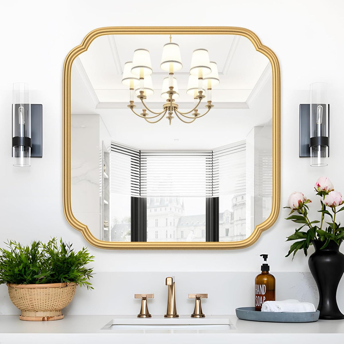 Gold Bathroom Mirror for Wall 24" x 24" Modern Rounded Corner Square Mirror