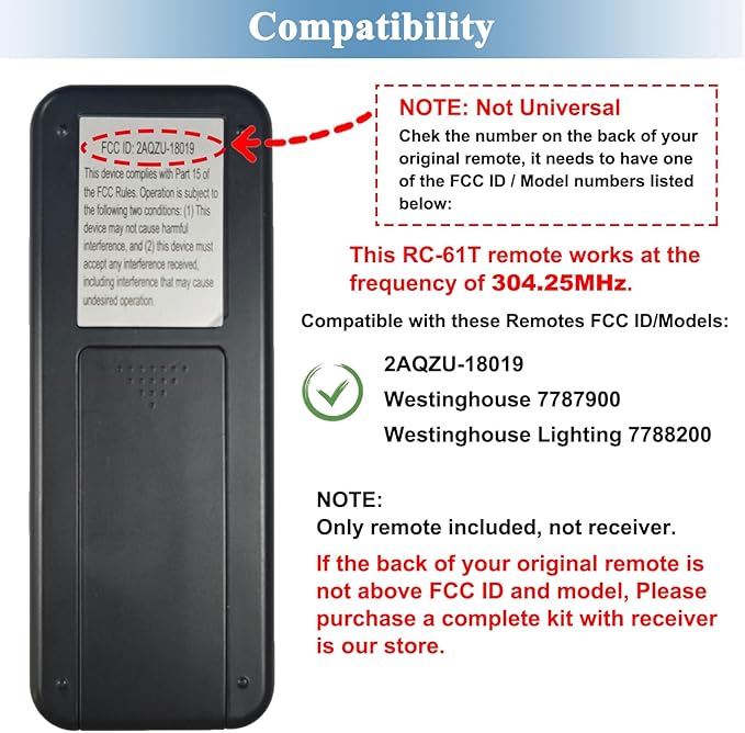 Replacement Remote for Westinghouse 7787900, 4-Speed Black Ceiling Fan Remote