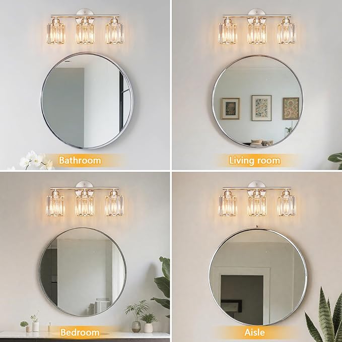 FDPBY Modern 3 Light Crystal Vanity Light, Brushed Nickel Vertical Bathroom