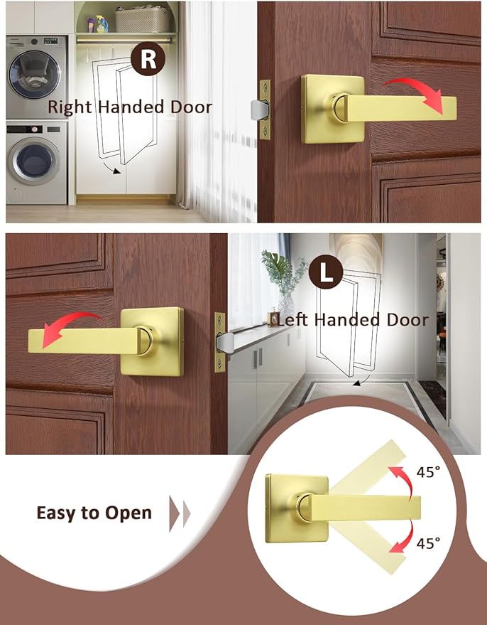 Mengico 5 Pack Passage Door Levers Gold Finish, No-Locking Keyless Square Door