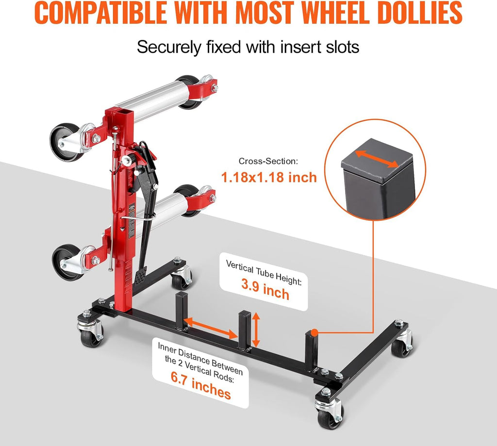 vevor car dolly rack, storage rack with 360° showing dimensions