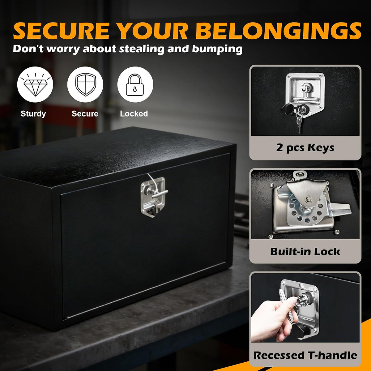 24" underbody truck tool box, heavy-duty steel, lockable, close-up detail