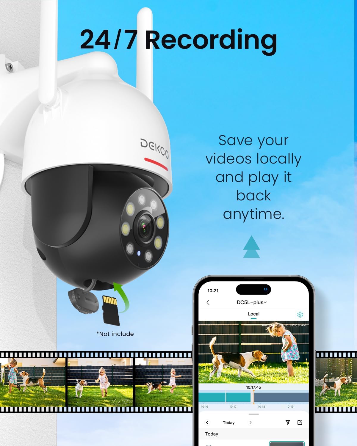 dekco 2k outdoor wifi security camera, plug-in pan-tilt, front angle view