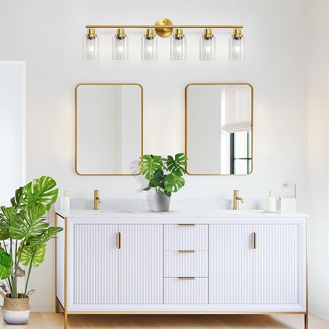Guliaofo 6-Light E26 Gold Bathroom Vanity Lights, Modern Bathroom Light Fixtures