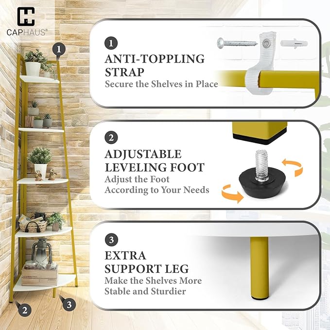 CAPHAUS Tall Corner Shelf Stand, 5-Tier Display Shelves, Ladder Corner Wood