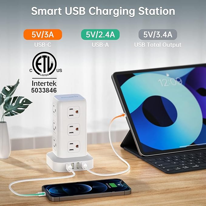 PD20W Power Strip Tower Surge Protector Power Strip