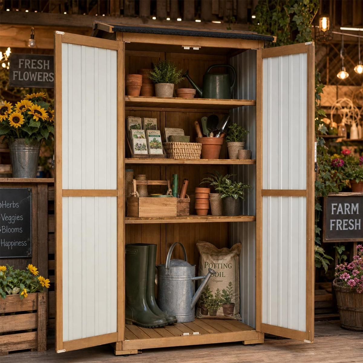 Outdoor Storage Cabinet Weather-Resistant, Wood & Metal Storage Shed with 3 Removable Shelves, Waterproof Roof, Adjustable Feet, Patio Storage Cabinet Outside for Garden Garage Backyard Pool