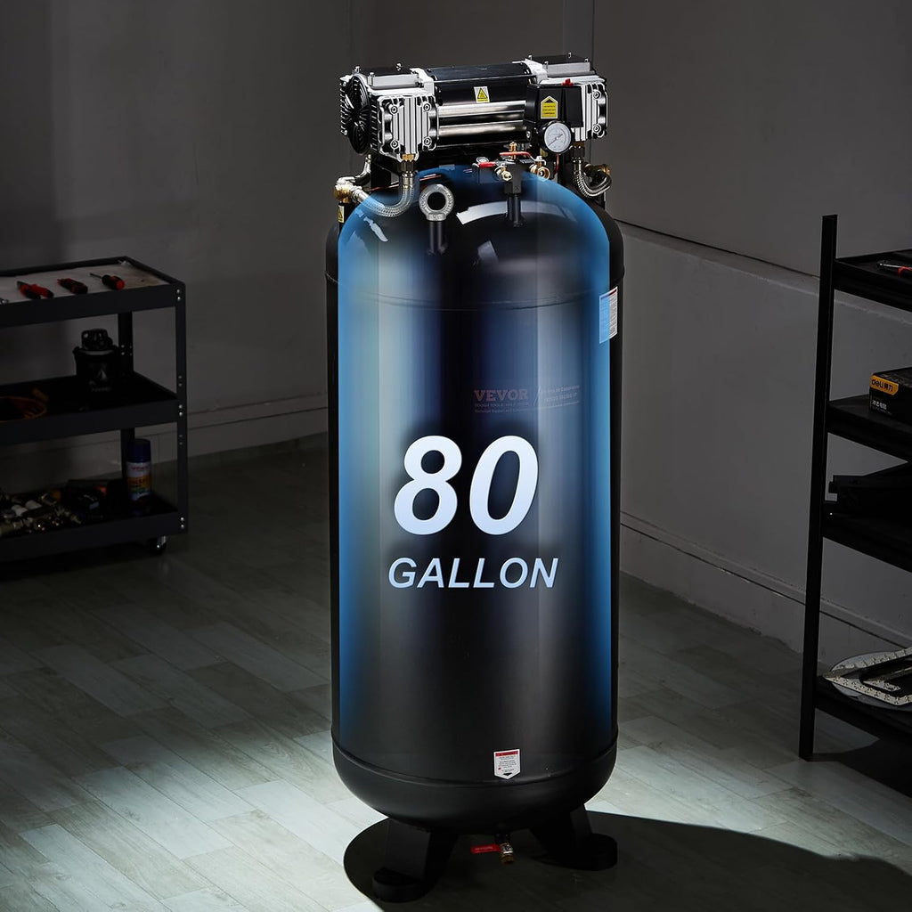 VEVOR 80 Gallon Air Compressor, 145PSI Oil Free Stationary Compressor Tank, 6.5HP 15.5SCFM@90 PSI, Quiet Compressor for Industrial Manufacturing, Workshops (220V/60Hz Single-Phase Power)
