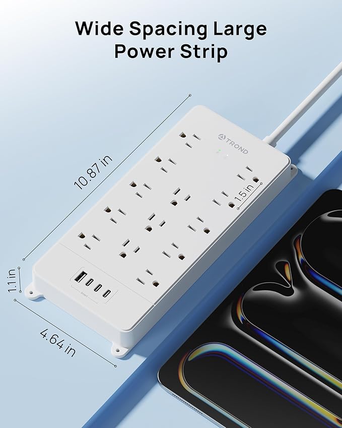 TROND 360° Rotating Flat Plug, Surge Protector Power Strip, 13AC Widely Spaced