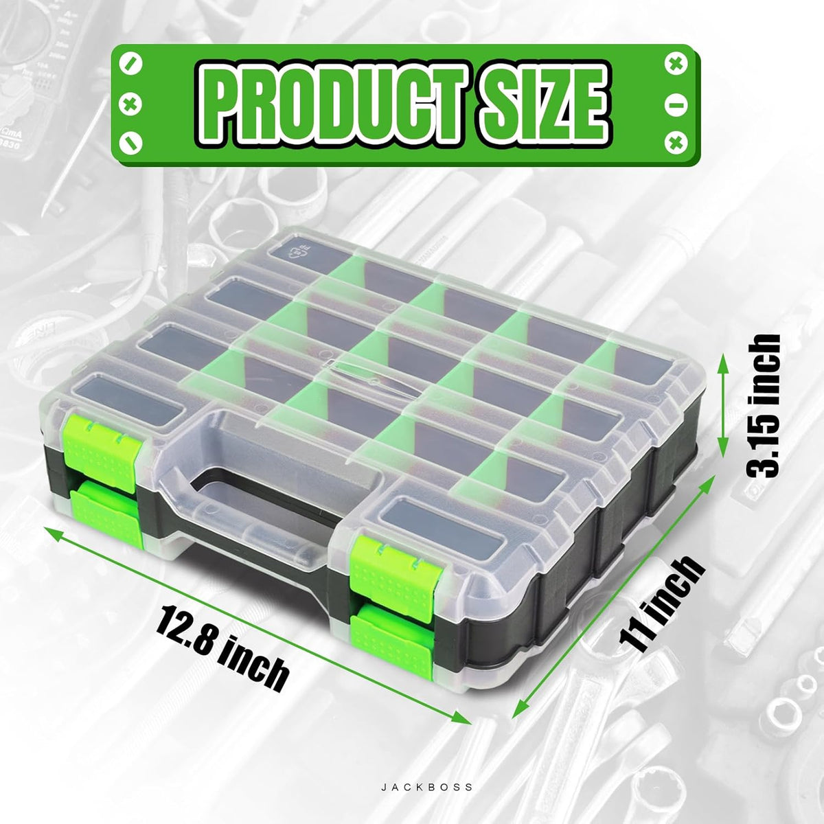 jack boss tool box with transparent lid, double shown in use