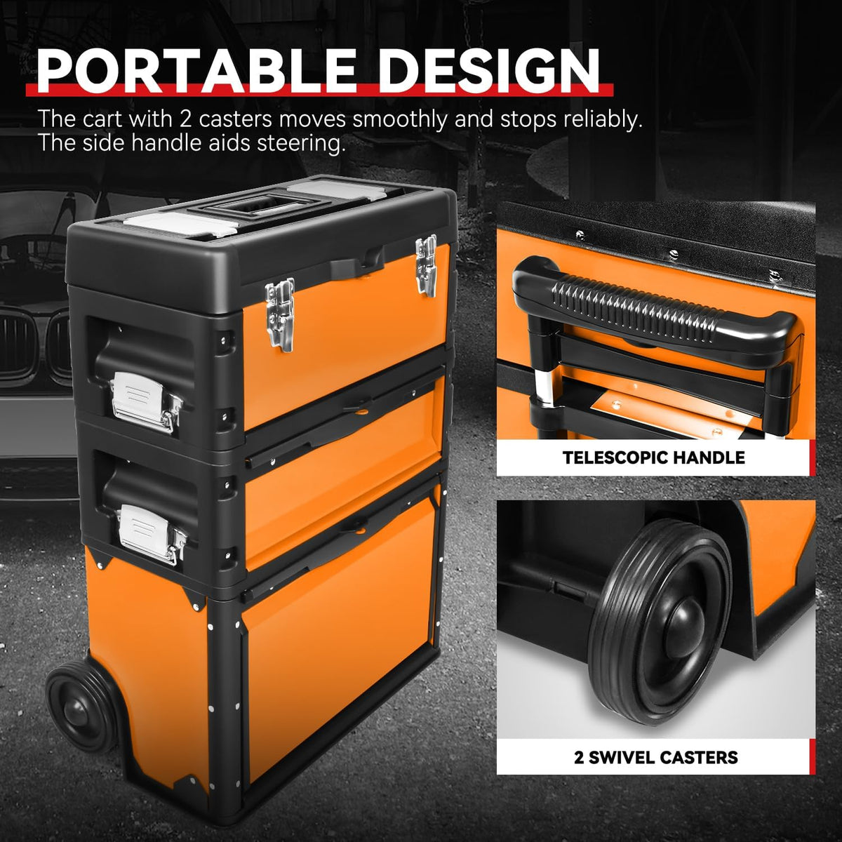 auto dynasty 3-tier rolling trolley tool box stackable, package contents
