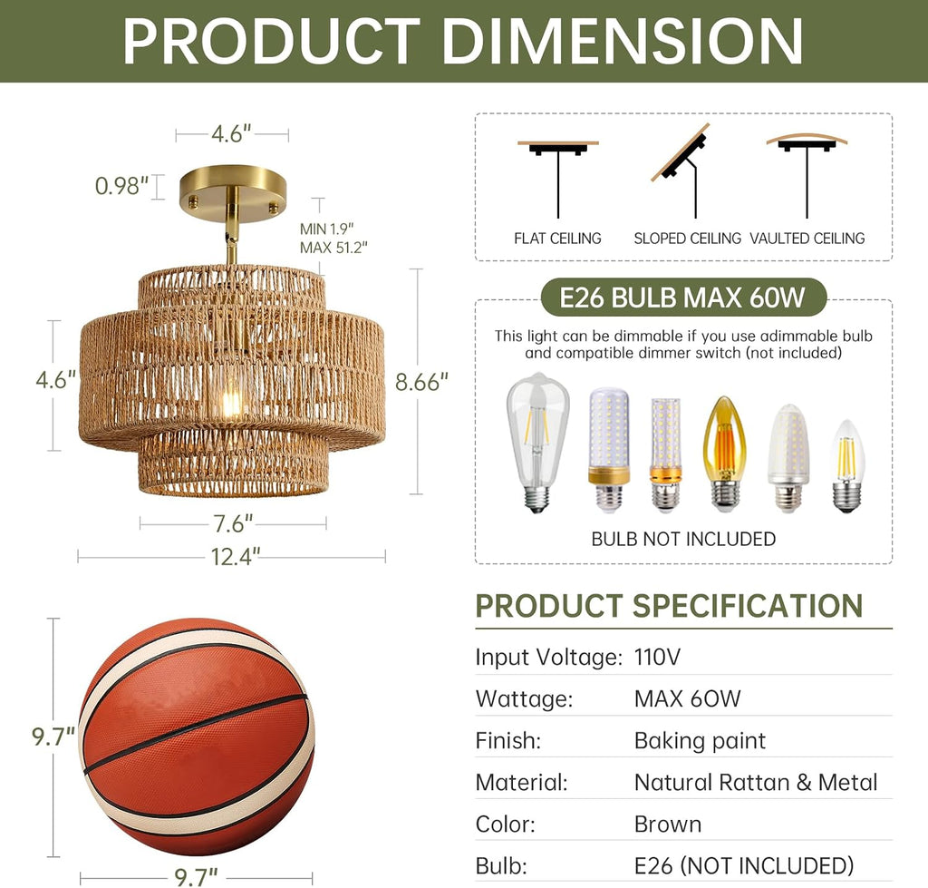 12.4" Rattan Pendant Light for Kitchen Island, Boho Chandelier | 1-Light, Hand Woven, No Assembly, Gold Hardware, Farmhouse Coastal Drum Wicker Light Fixture Dining Room Hallway Entryway