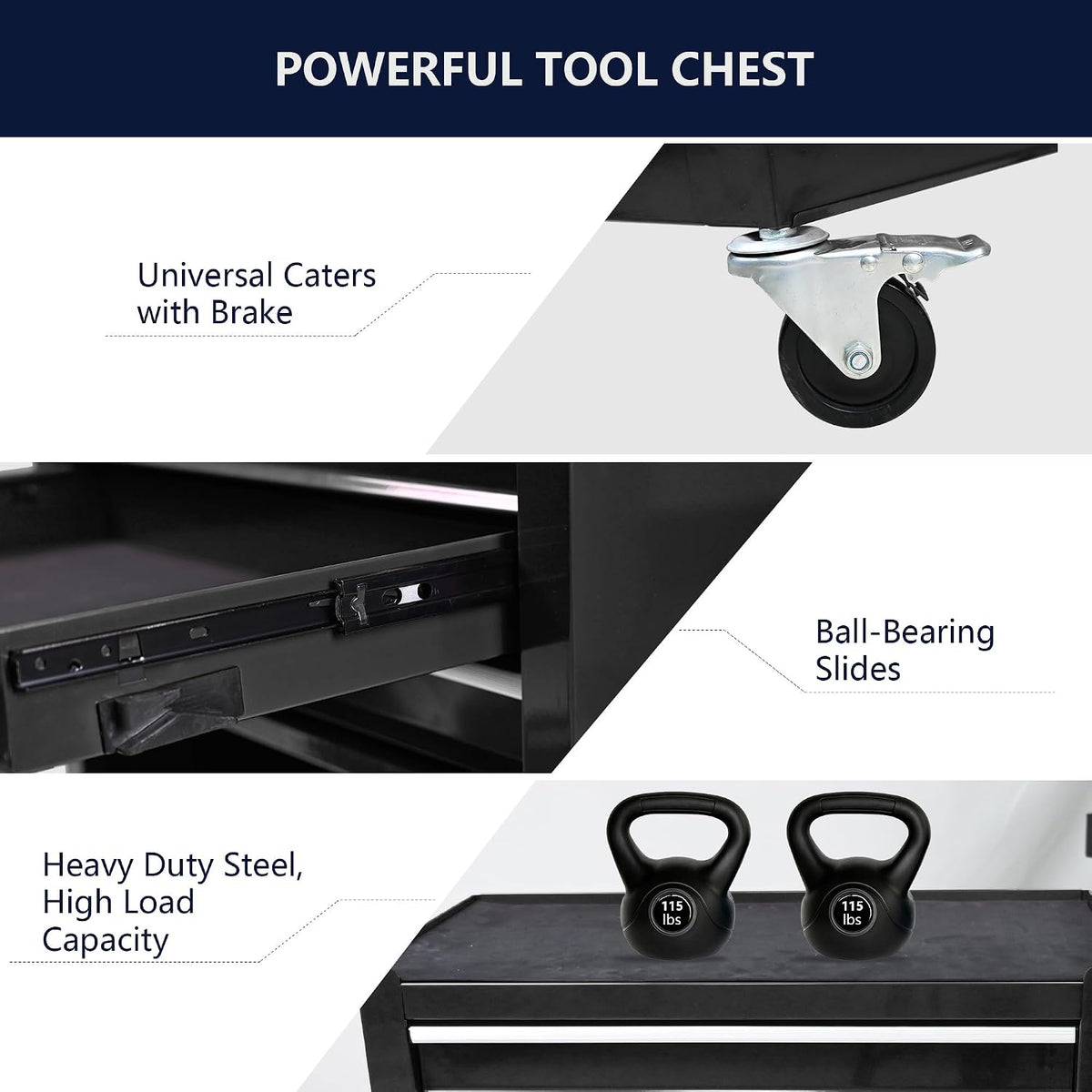 lockable 4-drawer rolling tool chest, black, side view