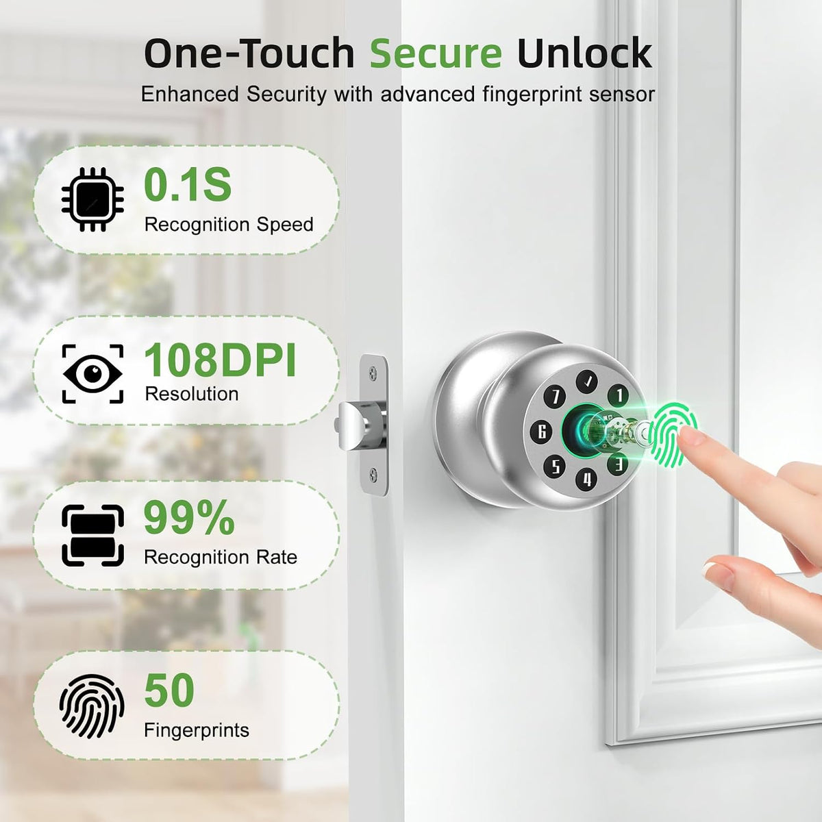 fingerprint door knob, smart door knob, biometric door, close-up detail