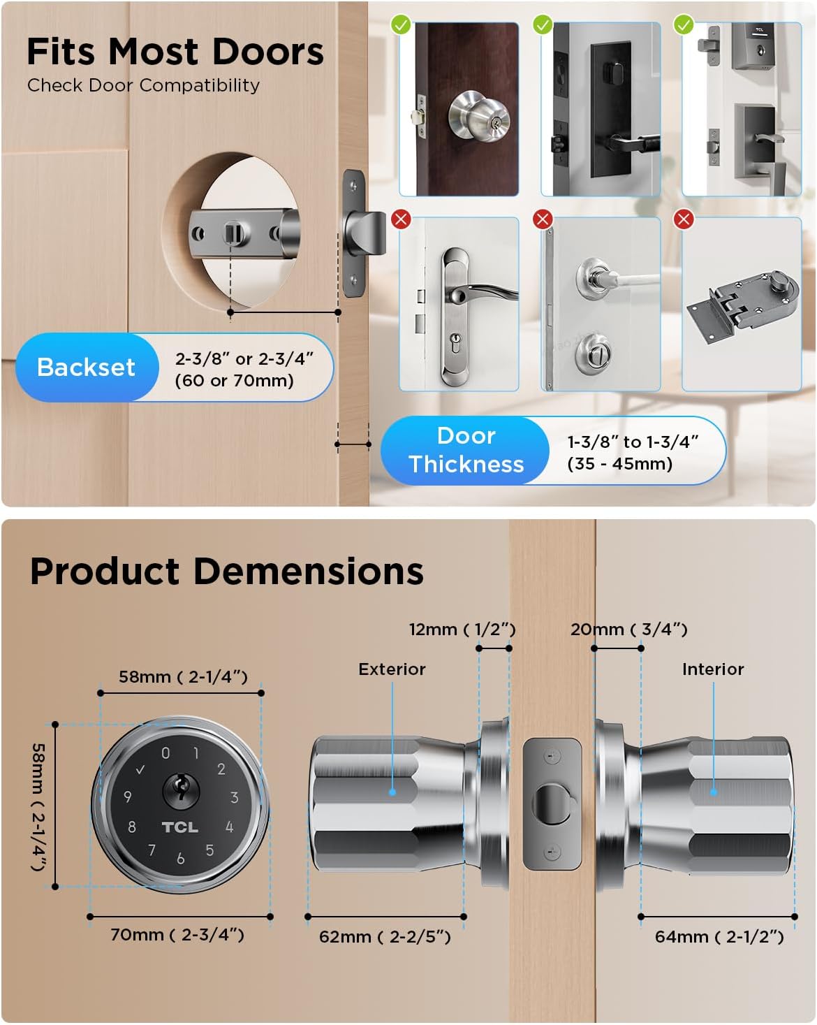 TCL K1 Fingerprint Smart Door Knob, 0.3s Biometric Keyless Entry, 4-in-1 Access with App Control & Passcode, Auto-Lock, Anti-Peep Keypad, 100 Fingerprints, for Bedroom Apartment Airbnb