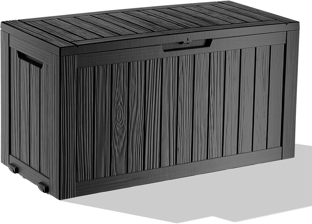 90 Gallon Waterproof Resin Outdoor Storage Box, Lockable Deck Storage Container for Patio Furniture, Garden & Pool Supplies, Black