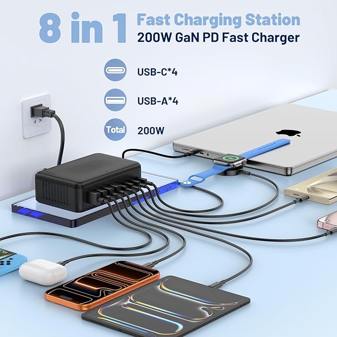 200W USB C Charging Station, 8-Port GaN USB C Charger Block, PD 65W Desktop