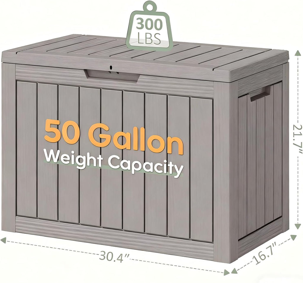 waterproof outdoor storage box, resin patio bin,50 gal,grey shown in use
