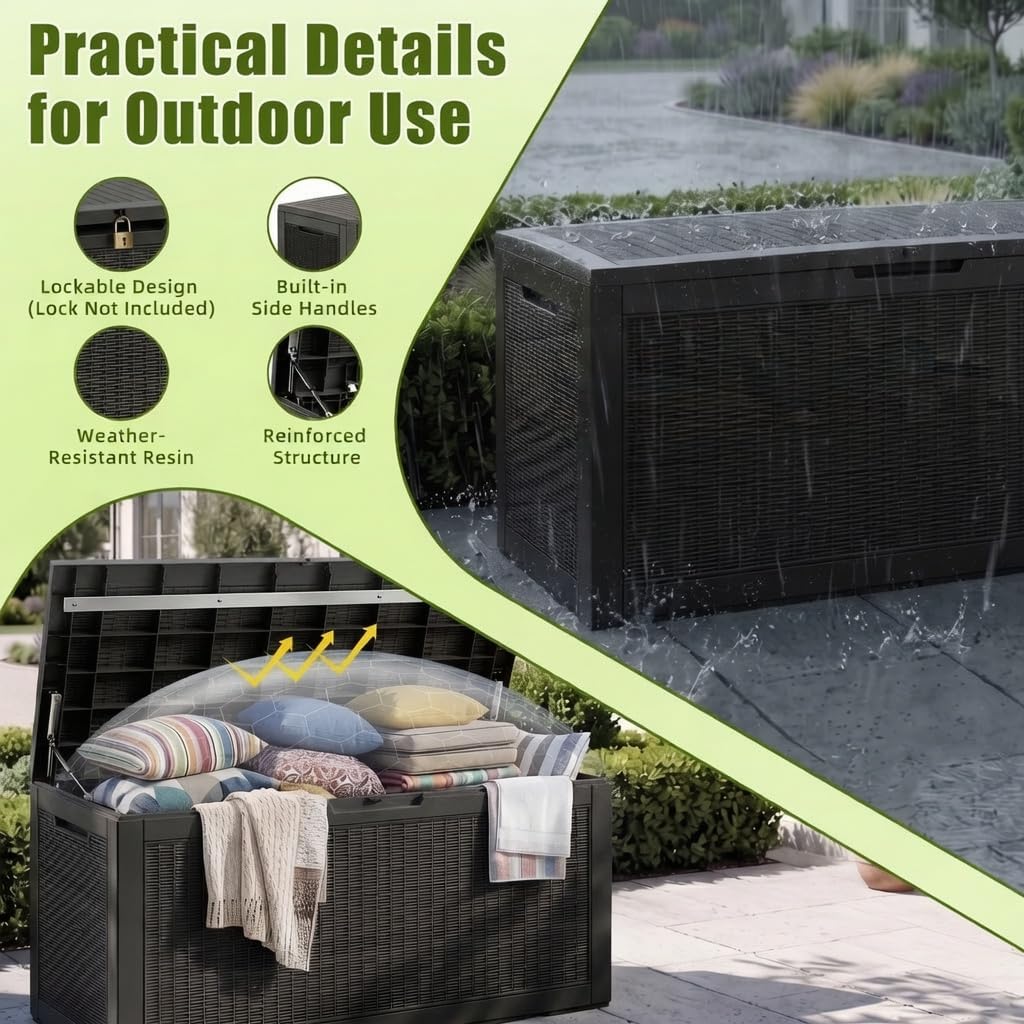 rojik 160 gallon deck box, lockable waterproof resin showing dimensions
