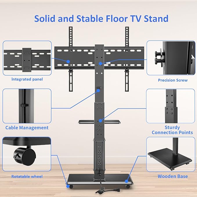Rolling TV Stand with Power Outlet, Mobile TV Cart