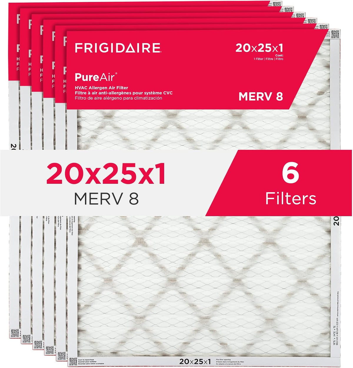 Frigidaire PureAir® 20x25x1 MERV 8 Allergen Electrostatic Pleated Air (6 Pack)