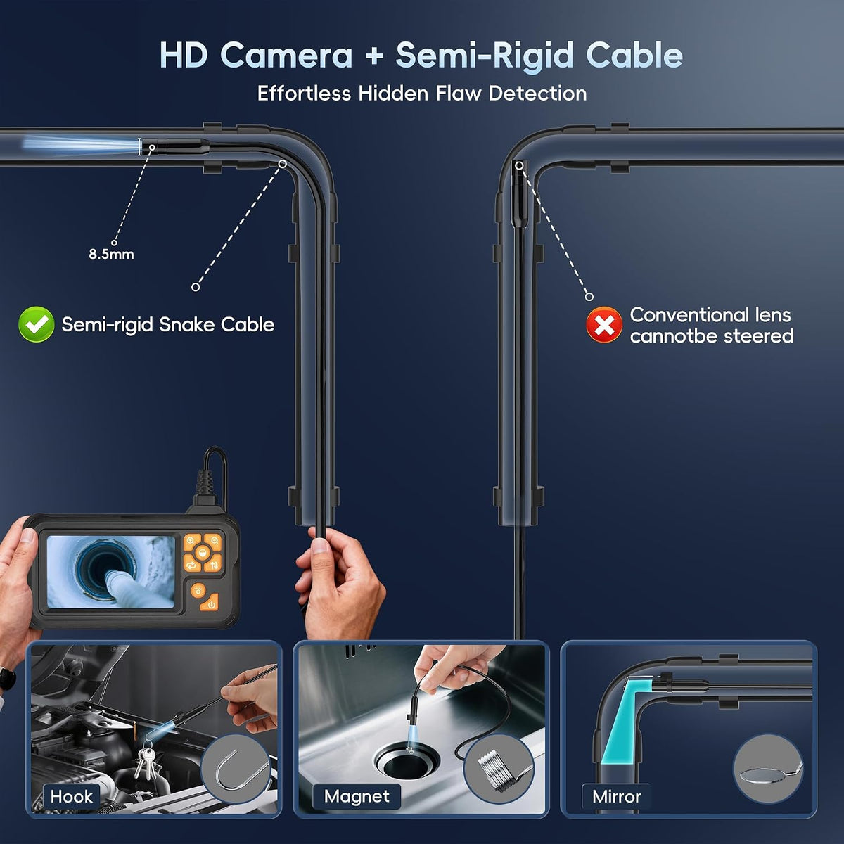 50ft inspection endoscope camera with light,1080p hd borescope showing dimensions