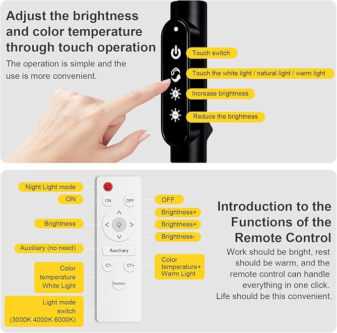dujunlinghang Bright LED Eye-Protecting Reading Floor Lamps Touch and Remote
