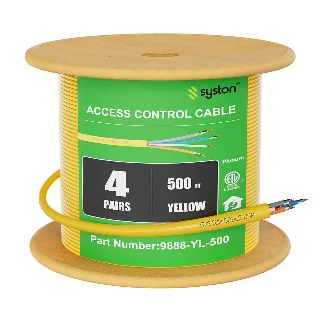 syston access control composite cable, plenum-rated/cl3p/cmp, yellow, 500ft, front angle view
