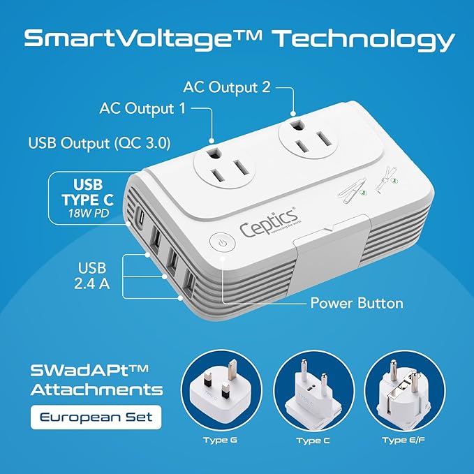 Ceptics European Travel Voltage Converter, 200W Adapter