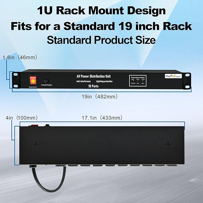 ThePoEstore 10 NEMA 5-15R Outlet Surge Protector PDU, 120V 15A 3600J 10KA