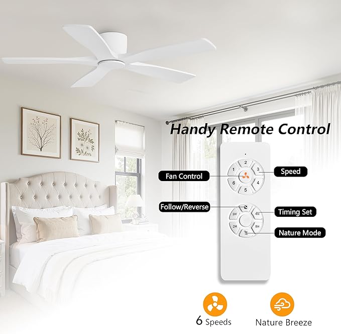 WINGBO 54" Flush Mount DC Ceiling Fans Without Lights, 5 Carved Solid Wood