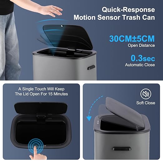 14.5 Gal/55L Trash Can with Lid, Automatic Touchless Garbage Can with