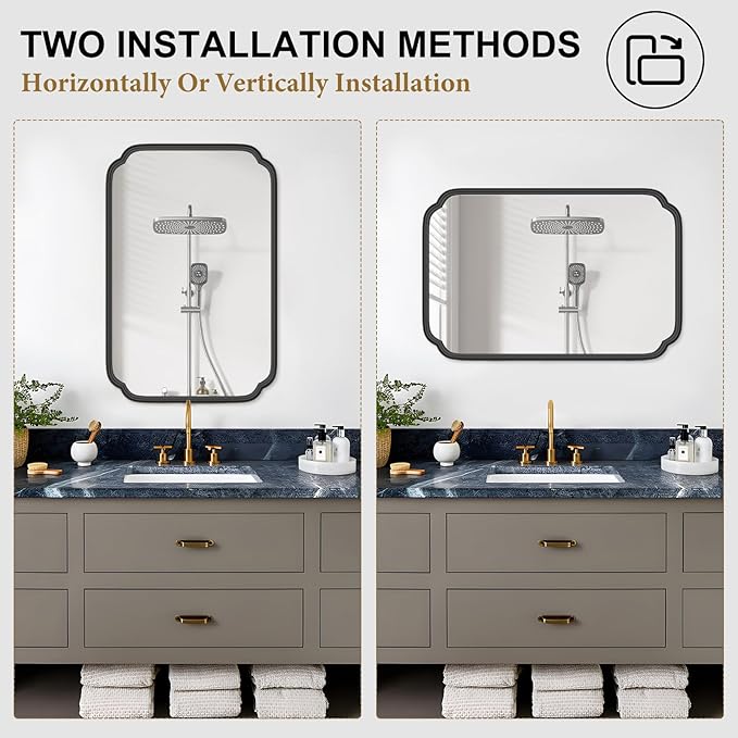 Black Bathroom Vanity Mirrors for Over Sink 24" x 36" Modern Rounded Corner