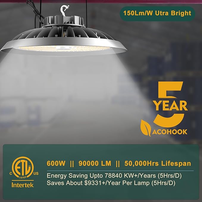 ACOHOOK 2Pack 600W UFO LED High Bay Light 5000K Daylight, 000 Lumens Super