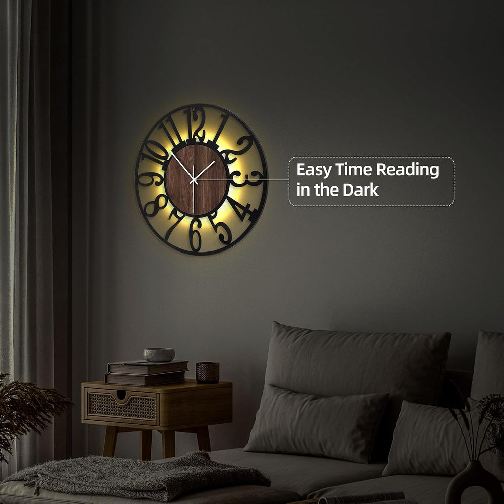 24" Silent Wall Clock – Adjustable Night Light, Battery Operated