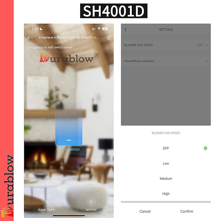 Durablow SH4001D On/Off Dual WiFi Gas Fireplace Valve + Blower Remote Control