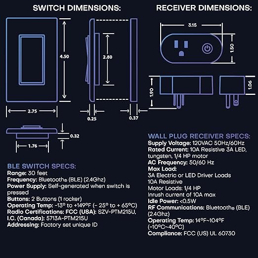 RunLessWire Wall Plug Bluetooth Battery-Free Wireless Light Switch Kit 30ft BLE