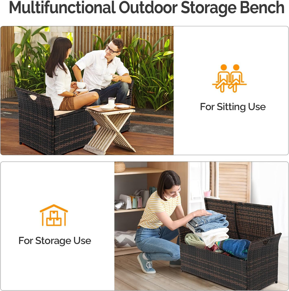vingli 40 gallon wicker storage bench, patio cushion, side view
